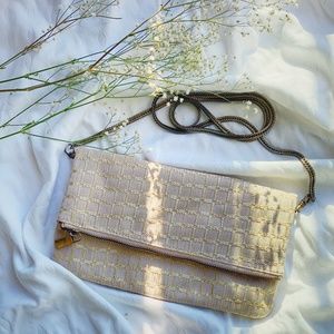 Anthropologie Deux Lux Foldover Gold Beige Clutch